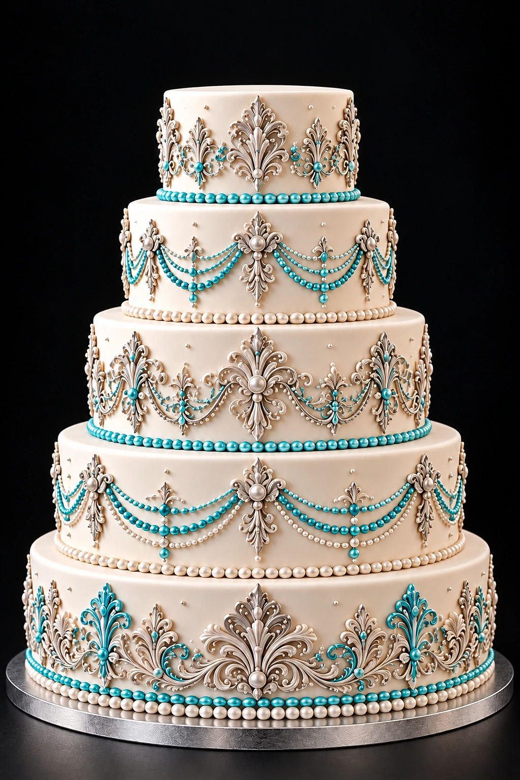 White wedding cake with silver piping and turquoise accents
